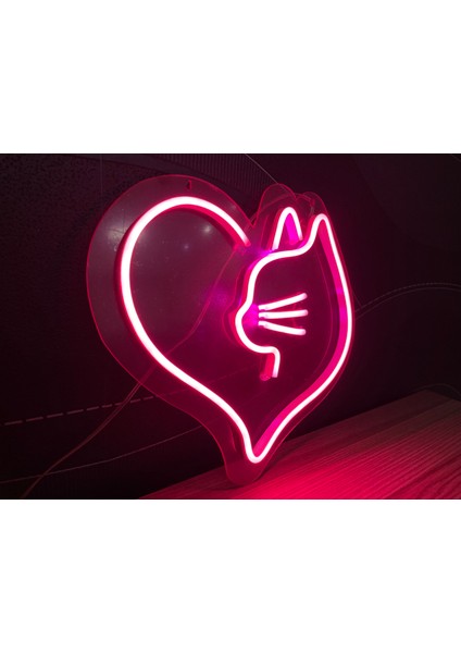 Neon LED Duvar Dekoratif Aydınlatma -Kedi Kalp, 25X25CM- modelleri