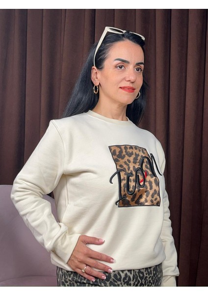 Icon Nakış Leopar Deyaylı Sweatshirt