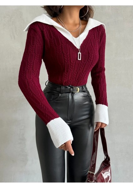 Geniş Polo Yaka Saç Örgü Kadın Triko Kazak