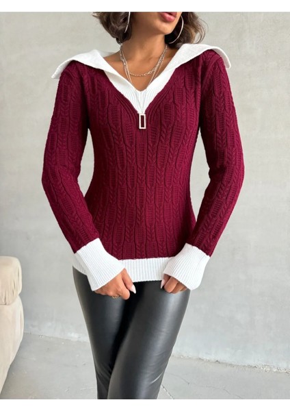 Geniş Polo Yaka Saç Örgü Kadın Triko Kazak fırsatları