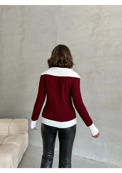 Geniş Polo Yaka Saç Örgü Kadın Triko Kazak indirimleri