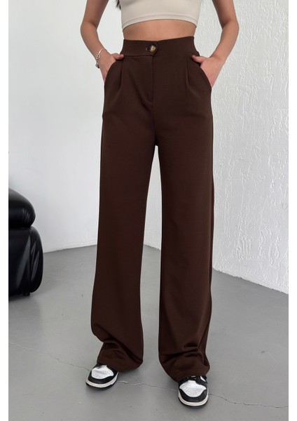 Kadın Kahverengi Yüksek Bel Pileli Düğmeli Likralı Esnek Rahat Kalıp Palazzo Pantolon