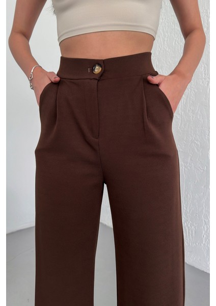 Kadın Kahverengi Yüksek Bel Pileli Düğmeli Likralı Esnek Rahat Kalıp Palazzo Pantolon fiyatları