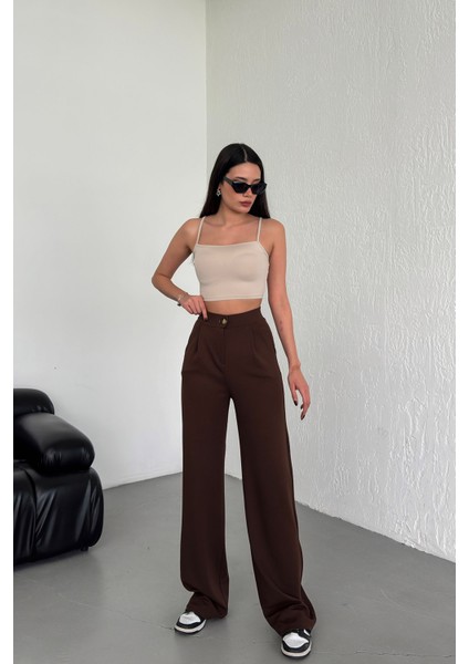 Kadın Kahverengi Yüksek Bel Pileli Düğmeli Likralı Esnek Rahat Kalıp Palazzo Pantolon modelleri