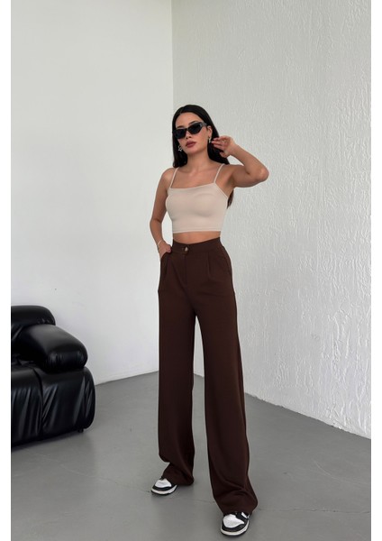 Kadın Kahverengi Yüksek Bel Pileli Düğmeli Likralı Esnek Rahat Kalıp Palazzo Pantolon fırsatları