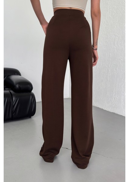 Kadın Kahverengi Yüksek Bel Pileli Düğmeli Likralı Esnek Rahat Kalıp Palazzo Pantolon indirimleri