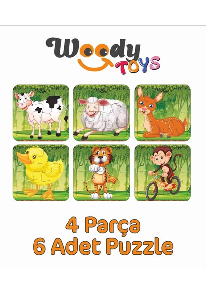 Ahşap Çocuk Puzzle Yapboz 4 Parça 6'lı Puzzle Hayvanlar