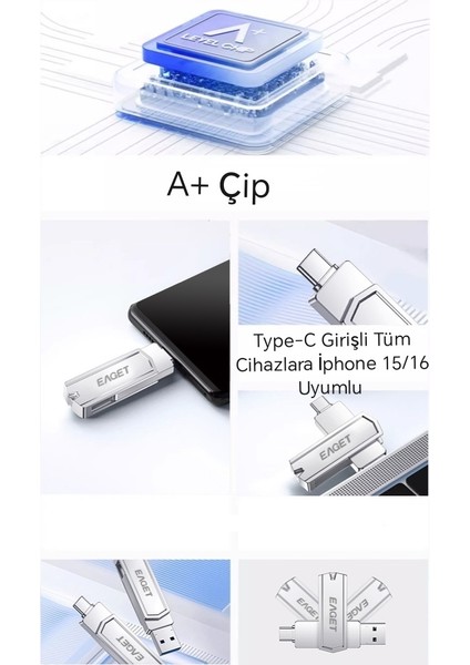 512Gb.Type-C ve Usb 3.2 Type-C Girişli Tüm Cihazlara İphone 15/16 Serisine Uygun Yüksek Hızlı Otg Flash Bellek Çift Giriş Metal Sağlam Orjinal