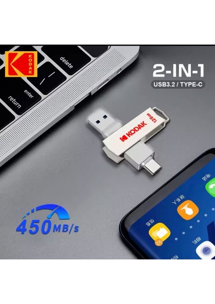 X203 450Mbs Yüksek Hızlı 256Gb.Type-C ve Usb 3.2 Type-C Girişli Tüm Cihazlara İphone 15/16 Serisine Uygun ve İphone Dönüştürücü Hediye Otg Flash Bellek Çift Giriş Metal Sağlam Orjinal