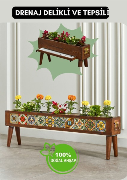 El Yapımı Ayaklı 10 Çinili Dekoratif Modern Ahşap Dikdörtgen Bahçe Balkon Saksı Saksılık Çiçeklik