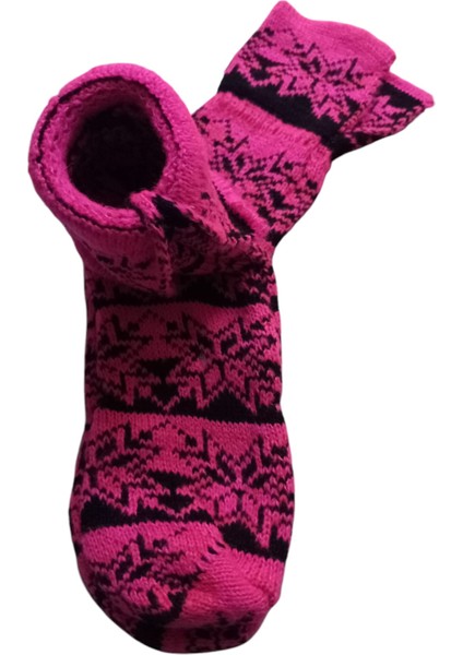 Çorap patik kışlık yün Lambswool pembe siyah renkli desenli % 50 yün% 50 akrilik unisex