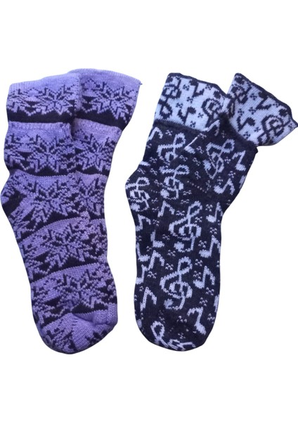 Çorap patik kışlık yün çift adet Lambswool siyah mor renkli desenli % 50 yün% 50 akrilik unisex