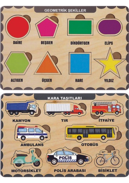 Ahşap Bul Tak Eğitici 2 Adet Yapboz Puzzle Seti