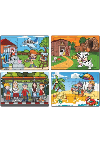 Ahşap 4’lü Yapboz Seti(Ressam Fil ve Ark.-Sevimli Köpek ve Ark.-Yaz Tatili-Çantalı Beşler)