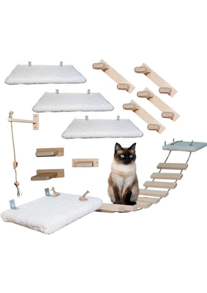 12 Parça Doğal Ahşap Peluş Kedi Oyun Merdiveni Seti Köprü Platform Oyun Duvarı (Set3)