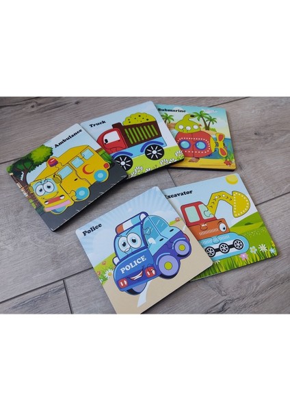 Renkli 5'li Ahşap Araçlar Puzzle Seti, Eğlenceli ve Öğretici Oyun Deneyimi