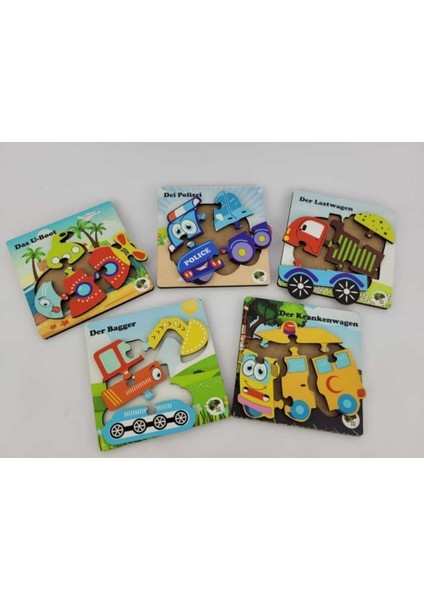 Renkli 5'li Ahşap Araçlar Puzzle Seti, Eğlenceli ve Öğretici Oyun Deneyimi modelleri