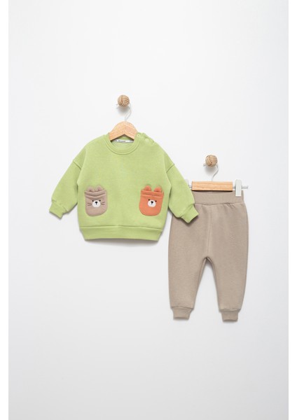 Unısex Bebek Pastel Yeşil 6 Ay Pamuklu Şardonlu 3 Ip Sweatshırt Jogger Takım