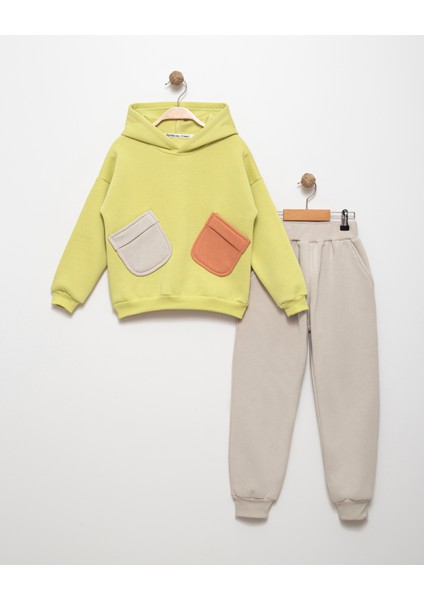 Erkek Çocuk Cepli Kapüşonlu Pamuklu Şardonlu 3 Ip Sweatshırt Jogger Takım