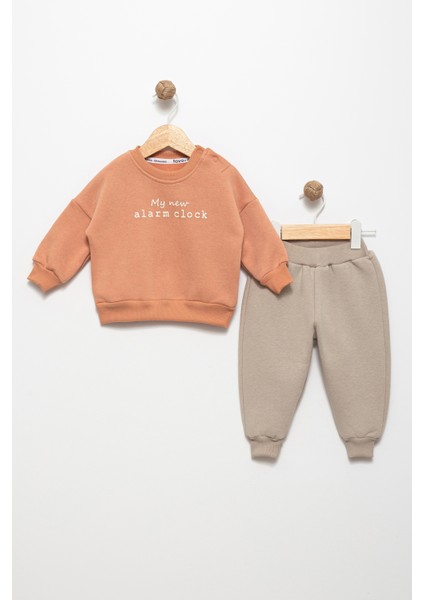 Erkek Bebek Kiremit 12 Ay Pamuklu Şardonlu 3 Ip Sweatshırt Jogger Takım