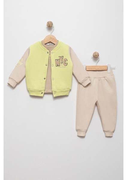Erkek Bebek Yağ Yeşili 12 Ay 3'lü Takım Hırka Sweatshırt Jogger FV-15852YAY12A