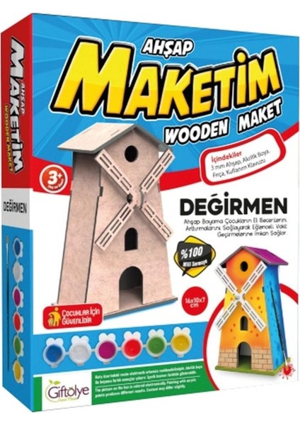 Ahşap Değirmen Boyama Maketi Seti (Maket+Boya+Fırça)
