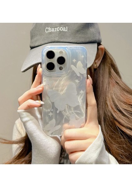 Apple iPhone 16 Pro Max [2024] Gümüş Tüy Desenli Kelebekler Arkası Sert Yanları Yumuşak Silikon Kılıf