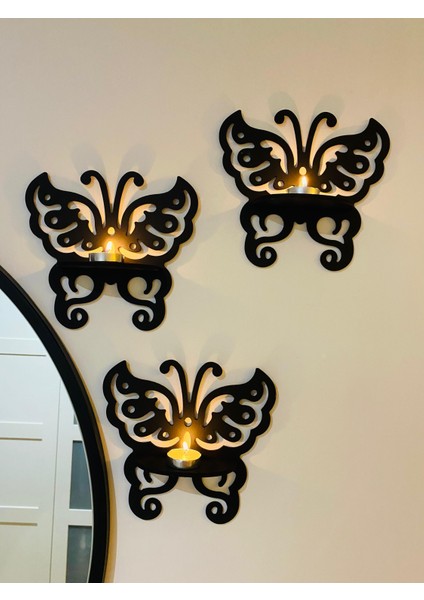 Dekoratif Kelebek Raf,mumluk 3'lü Set