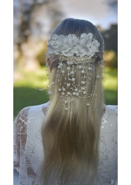 Beyaz Ortanca Incili Çiçekli Gelin Nikah Saç Tarak Toka