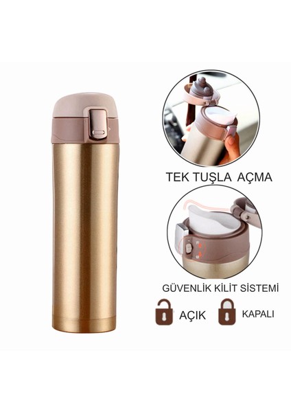 Kilit Sistemli Sızdırmaz 304 Paslanmaz Çelik 450 ml Çift Katmanlı Termos Bpa Içermez FLYON-887GOLD