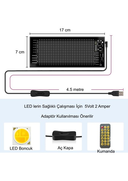 Programlanabilir 17X7CM Matrix Kayan Yazı Emoji LED Ekran Tabela Araba Bluetooth App Kontrol USB LED