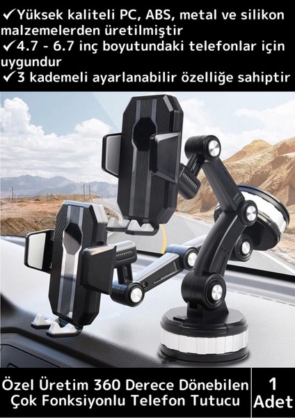 Premium Kompakt 4.7-6.7 Inç 360 Derece Dönebilen Ayarlanabilir 3 Kademeli Çok Amaçlı Telefon Tutucu