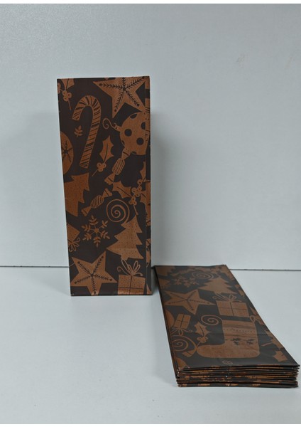 Yılbaşı Temalı Renkli Desenli Kese Kağıdı - Hediye Poşeti - 8X20X5 cm - 10 Adet - Ç019