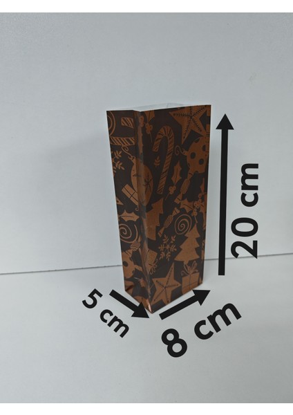 Yılbaşı Temalı Renkli Desenli Kese Kağıdı - Hediye Poşeti - 8X20X5 cm - 10 Adet - Ç019