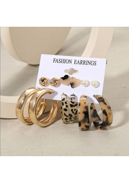 Akrilik Incili Leopar Desenli Renkli Altın Gold Halka Çoklu Küpe Setleri