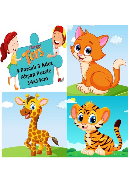 Ahşap Puzzle Ilk Yapbozum 3 Adet 4 Parçalı 14X14CM