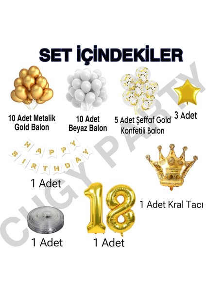 Gold Beyaz Kral & Kraliçe Taçlı 18 Yaş Yıldız Detaylı Dogum Günü Parti Kutlama Seti