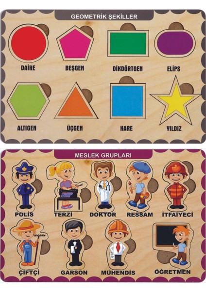 Ahşap Bul Tak Eğitici 2 Adet Yapboz Puzzle Seti