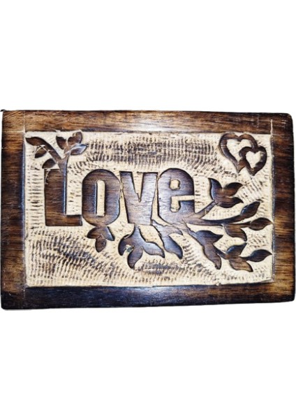 Ahşap Kabartmalı Love Yazılı Çiçek Motifli Takı Kutusu