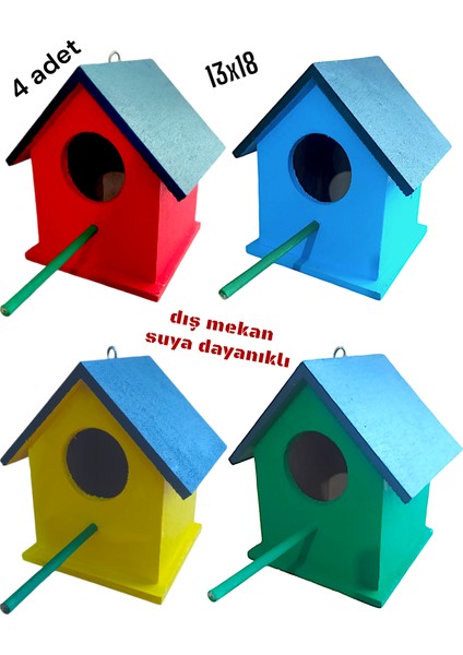 Ahşap Kuş Yuvası Kuş Evi Dış Mekan Suya Dayanıklı 4 Adet 13x18 cm