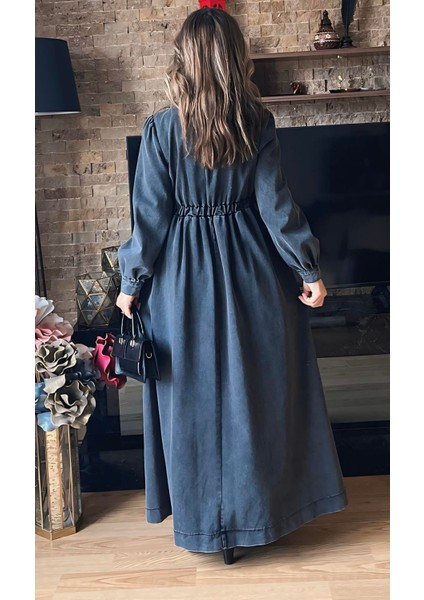 Premium Kalite Yandan Bağlamalı Denim Kot Elbise Tesettür Jean Elbise fiyatları