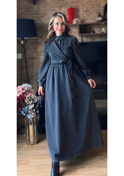 Premium Kalite Yandan Bağlamalı Denim Kot Elbise Tesettür Jean Elbise fırsatları