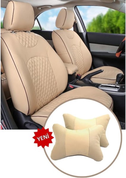 Kia Ceres Koltuk ve Kılıf Uyumlu Bej Yastık - 2 Adet Set - Deri Model