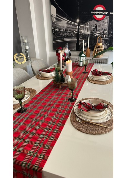 Runner ve Peçete Set Yeni Yıl Temalı Ekose Desen Pamuklu Uzun Runner modelleri