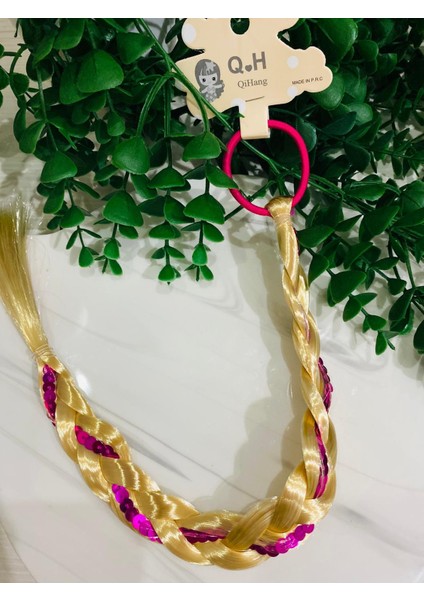 Lüks Yeni Model Renkli Taşlı Boncuklu Çocuk Saç Postişi Örgü Lastikli Saç Elsa Prenses