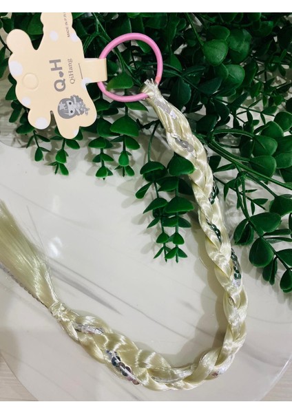 Lüks Yeni Model Renkli Taşlı Boncuklu Çocuk Saç Postişi Örgü Lastikli Saç Elsa Prenses