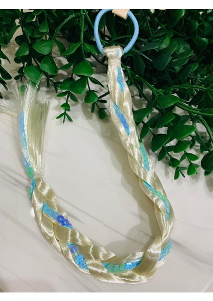 Lüks Yeni Model Renkli Taşlı Boncuklu Çocuk Saç Postişi Örgü Lastikli Saç Elsa Prenses