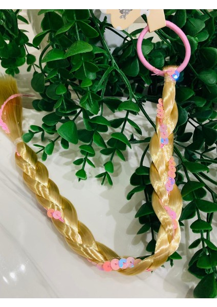 Lüks Yeni Model Renkli Taşlı Boncuklu Çocuk Saç Postişi Örgü Lastikli Saç Elsa Prenses