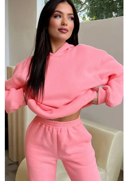 Pembe Kadın Oversize Geniş 3 Iplik Polarlı Şardonlu %100 Pamuk Kapüşonlu Eşofman Takımı
