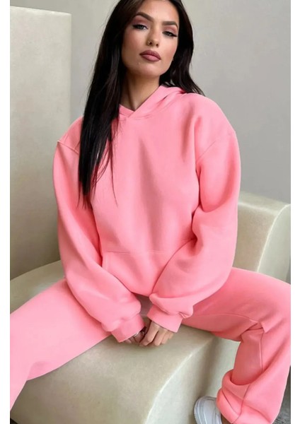 Pembe Kadın Oversize Geniş 3 Iplik Polarlı Şardonlu %100 Pamuk Kapüşonlu Eşofman Takımı